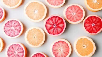Poster - Close up of sliced ripe blood oranges on a gray background showcasing their vibrant color and texture with space for text