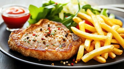 Poster - Close up of Pork Chop Steak Served with Salad and French Fries