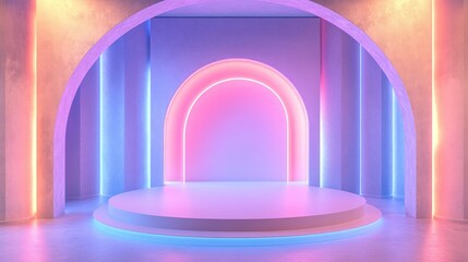 Aufkleber - 3D rendering of an abstract geometric backdrop featuring a minimalist mock up template an empty fashion showcase primitive shapes a circular niche and an art deco display in pastel neon hues