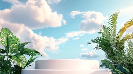 Aufkleber - 3D rendering of an abstract podium display featuring tropical leaves against a backdrop of blue skies and clouds ideal for product promotions and advertising with a soft pastel aesthetic