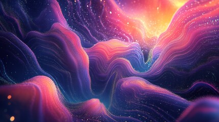 Poster - Abstract Cosmic Landscape with Glittering Particles and Wavy Lines
