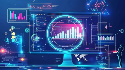 A futuristic digital interface displaying data analytics and visualizations.
