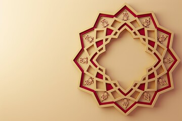 burgundy and beige islamic octagonal ornament with curved pattern on light amber background 