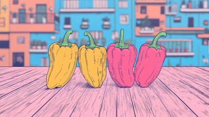 Poster - Colorful sweet peppers displayed on a rustic wooden table