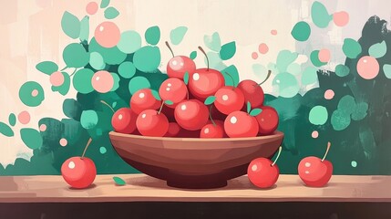 Aufkleber - Bowl of Cherries on Wooden Table