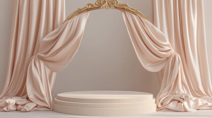 Aufkleber - 3D background featuring a beige podium for display mockup Flowing silk fabric Decorative gold arch frame suitable for beauty product and cosmetic presentations Elegant feminine setting with a pede