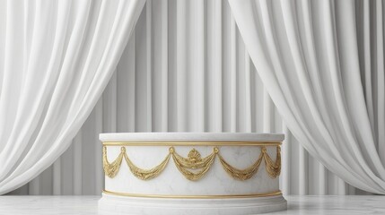 Sticker - 3D rendered background featuring a Roman style white and gold podium with a curved back against a white curtain backdrop ideal for presentations