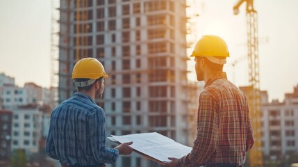 Aufkleber - Two men wearing hard hats are standing in front of a building