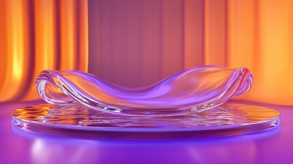 Aufkleber - 3D rendering of a circular podium featuring a glass wavy ribbon on water Abstract geometric backdrop in vibrant purple and orange hues Contemporary platform mock up for promotional banners and pro