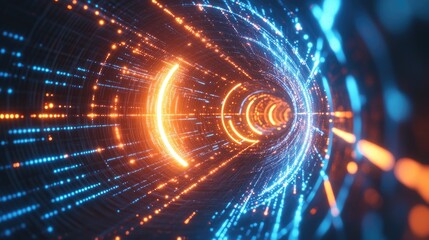Poster - Abstract Glowing Blue And Orange Neon Lines And Dots Background With Digital Technology Tunnel Futuristic Cyberspace With High Speed Moving Digital Data Sci Fi Virtual Reality