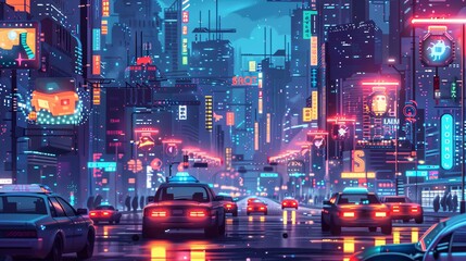 Poster - The bustling city glows with neon lights, showcasing self-driving vehicles, drones, and smart traffic systems under a night sky. Generative AI