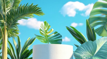 Aufkleber - 3D rendering of an abstract podium display featuring tropical leaves against a backdrop of blue skies and clouds ideal for product promotions and advertising with a soft pastel aesthetic