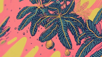 Poster - Abstract Green Background Featuring Macro Croton Plant Leaf with Water Droplets Natural Backdrop for Branding Design