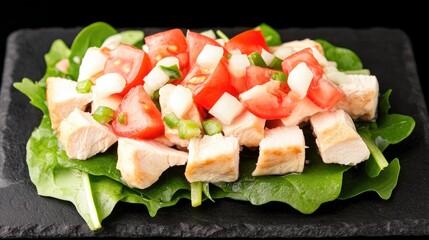 Poster - Chicken Salad with Croutons and Tomatoes on Black Stone with Leafy Greens
