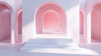 Aufkleber - 3D rendering of a white and pink podium in a square featuring geometric stair shapes and an arch design