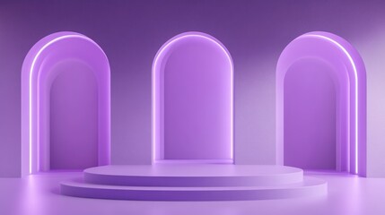 Aufkleber - 3D mock up podium set in a purple empty space featuring arches and neon lilac illumination Contemporary minimalist backdrop for showcasing products Stylish platform in a mid century design