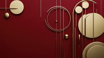 Poster - 3D illustration of wall decor featuring golden shapes circles and lines in a minimalist mural design on a dark red background