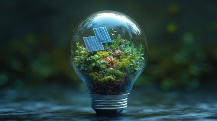 A light bulb filled with green plants and a tiny solar panel, representing sustainable energy and environmental consciousness.