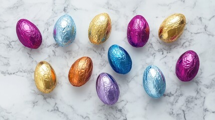 Poster - Colorful foil wrapped chocolate Easter eggs arranged on a marble surface