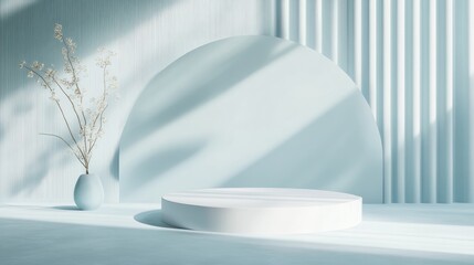 Aufkleber - 3D abstract studio space featuring a pedestal podium White and pastel blue geometric platform with overlapping circular backdrop Contemporary minimalist setting for showcasing cosmetic products