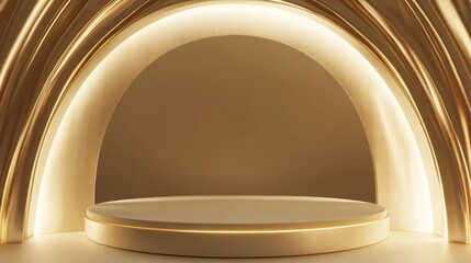 Aufkleber - 3D render of an abstract background featuring an empty circular stage golden arch and winding road Modern minimalist display scene with a round platform for showcasing luxury products
