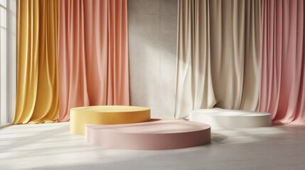 Aufkleber - 3D render of abstract platforms featuring golden pink and white shapes and drapes Geometric forms presented in a contemporary minimalistic style Realistic mock up designed for promotional use back
