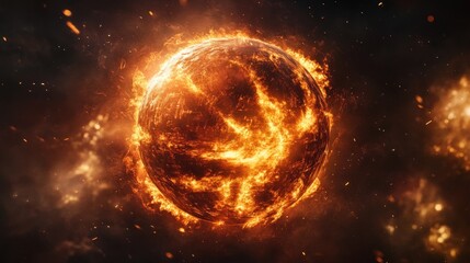 Poster - A fiery, glowing sphere resembling a sun or planet amidst a dark, smoky backdrop.