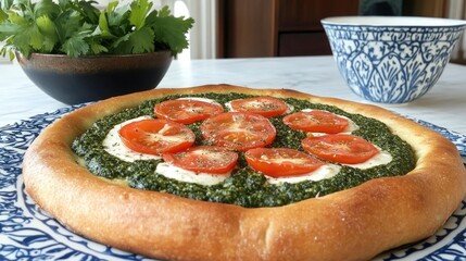 Poster - A Pizza Topped with Pesto and Tomatoes