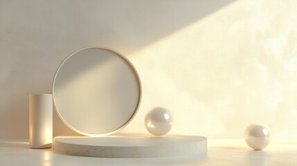 Aufkleber - 3D rendering of an abstract cosmetic backdrop featuring a product An empty scene includes a cylindrical mirror and spherical lights on the floor set against a pastel cream minimal wall Ideal for a