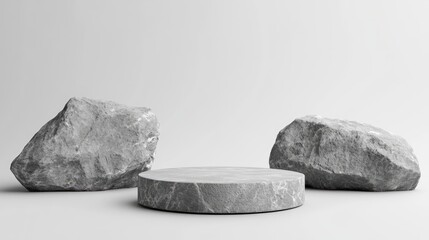 Aufkleber - 3D gray stone podium display collection Empty white background Mockup for cosmetics or beauty product promotion Natural textured gray rock pedestal Stylish minimalist banner 3D rendered illustrati