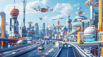 Fototapete - A vibrant city filled with smart technologies features self-driving vehicles, drones in the sky, and intelligent traffic lights managing flow. Generative AI