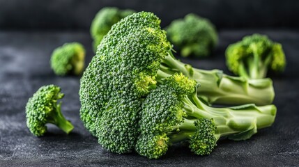 Poster - Close Up Fresh Broccoli Against Dark Backdrop