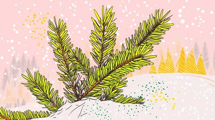 Aufkleber - Close Up of Spruce Branch with Small Green Needles Beneath Fresh White Snow with a Blurry Winter Forest in the Background