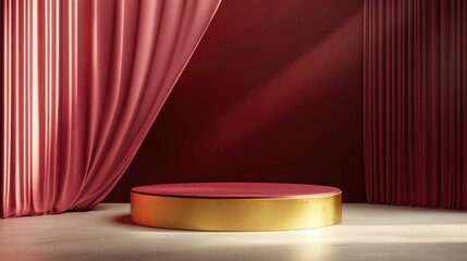 Aufkleber - 3D rendering of a bright maroon and dark red flat lay cylinder podium featuring a minimalist luxury backdrop with golden accents for product photography