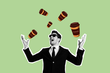 Sticker - Composite photo collage of excited businessman throw coffee cup takeout order americano break beverage isolated on painted background