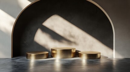 Aufkleber - Abstract concept featuring three circular pedestals arranged in a minimalist space with dark tones designed for showcasing products on a golden platform 3D render