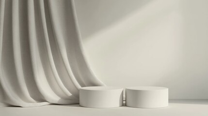 Aufkleber - 3D rendering of an abstract grey backdrop featuring a modern minimalistic display with two vacant cylinder pedestals for showcasing products