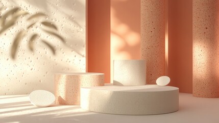Aufkleber - 3D podium display featuring geometric beige tones Abstract showcase with a white and coral studio backdrop ideal for product promotion or branding offering ample copy space Trendy 3D render mockup