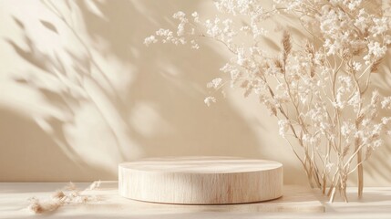 Aufkleber - 3D rendering of a beige wooden rectangular and round podium against an abstract background ideal for cosmetic product advertising Concept focused on organic cosmetics and food