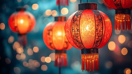 Canvas Print - Red Chinese lanterns with intricate designs hang illuminated against a bokeh background.