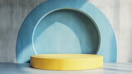 Aufkleber - Abstract blue geometric background for presentations and exhibitions 3D rendered round podium for product displays and showcases Minimalist studio featuring a yellow stand