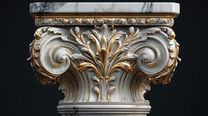 Poster - 3D depiction of an exquisite marble luxury plaque on an intricately carved pedestal featuring gold accents