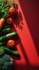 broccoli , tomatoes and cucumbers, vegetarian concept. vegetarian decoration on red background