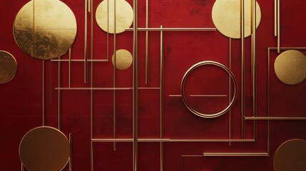 Poster - 3D illustration of wall decor featuring golden shapes circles and lines in a minimalist mural design on a dark red background