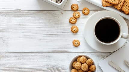 Aufkleber - Black coffee and snacks arranged on a white wooden table before departing for work in the afternoon