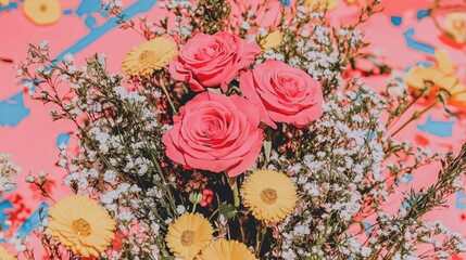 Aufkleber - Close up of a vibrant bouquet of red roses accompanied by small white and pink flowers elegantly adorned with a white ribbon