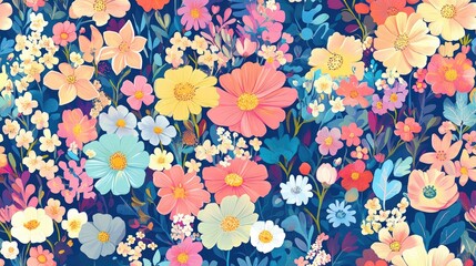 Aufkleber - A seamless pattern featuring various fantasy flowers in an abstract style against a vibrant backdrop ideal for a colorful 2D cartoon floral design Perfect for summer and spring themes
