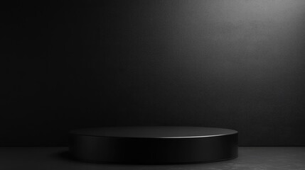 Aufkleber - Black podium against a dark backdrop for showcasing products Minimalistic pedestal setup for cosmetic presentations 3D rendering