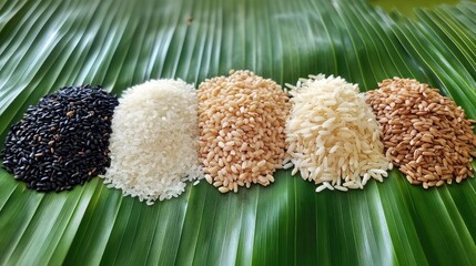 Aufkleber - Assortment of unmilled rice grains on a green banana leaf background featuring rice berries jasmine rice and brown rice