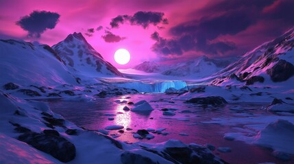 Wall Mural - An icy landscape with glaciers glistening under the midnight sun